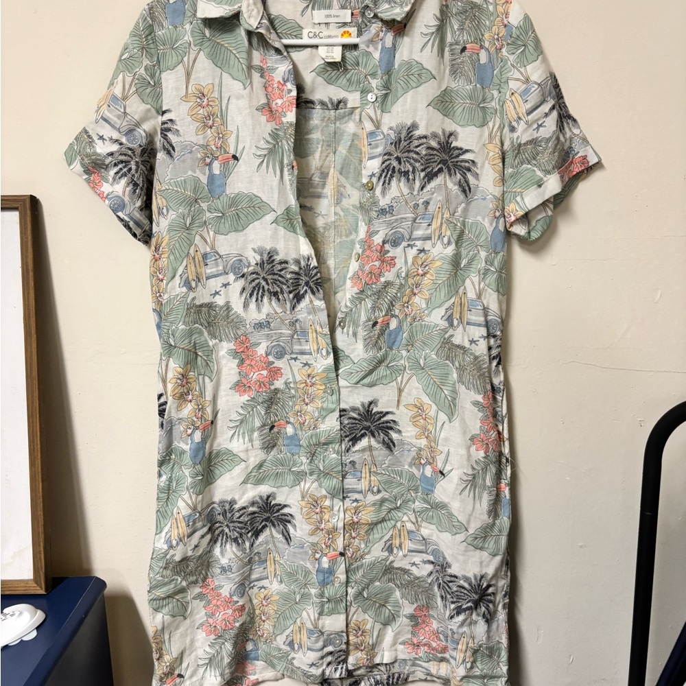 C&C California Linen Shirtdress with Tropical Print